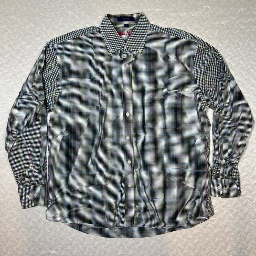 Alan Flusser Long Sleeve Men's L Shirt Checkered Black‎ Purple Green Cotton